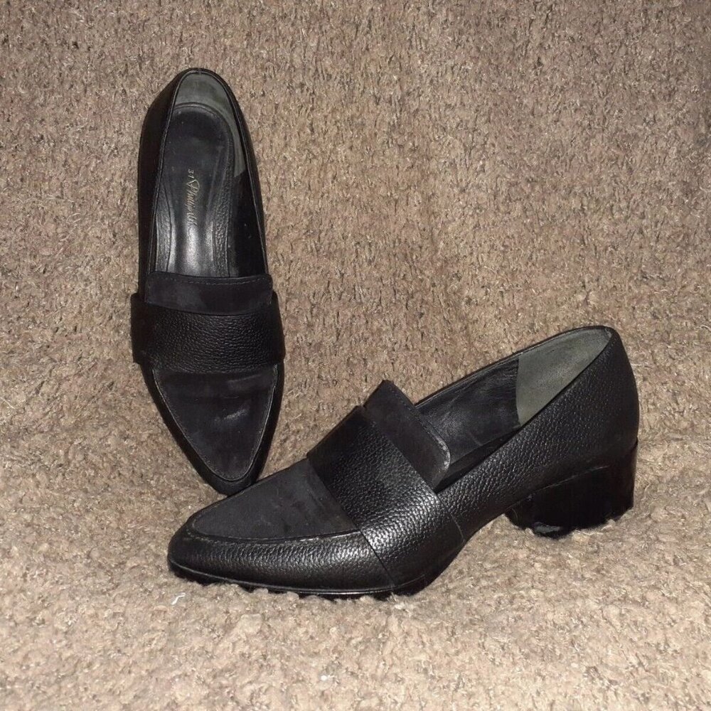 3.1 PHILLIP LIM -Black Leather/Oiled Suede-Slip-On Loafers-Sz 37.5-Excellent